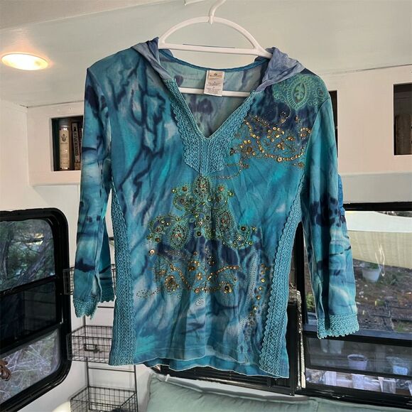 Forbidden Sweaters - Forbidden Boho Women's Blue Tie Dye Pullover Hoodie (M) Beaded Casual Spring